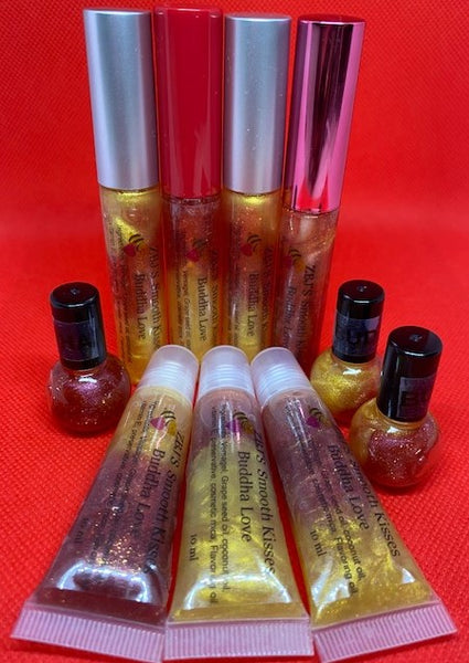 <transcy>Brillo de labios Smooth Kisses, Buddha Love, Amaretto, Angry Lillie</transcy>